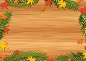 Top view of blank wooden table with leaves vector