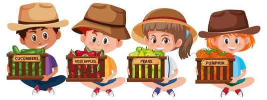 conjunto de niños con frutas o verduras. vector