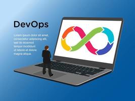 devops hombre de pie en el diseño de la computadora portátil vector