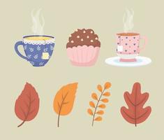 Tea cups, muffin and autumn leaves vector