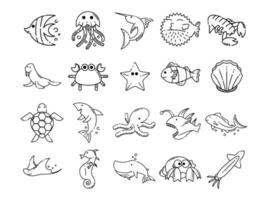 establecer iconos para estilo de línea de animales marinos vector