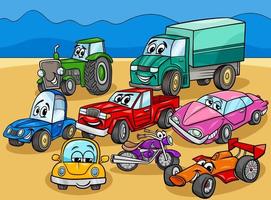 grupo de personajes de dibujos animados de automóviles y vehículos vector