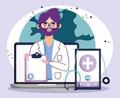 concepto de visita médica en línea con médico y gadgets vector