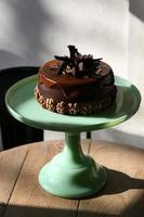 Deliciously divine chocolate cake with cream on pale green shabby
