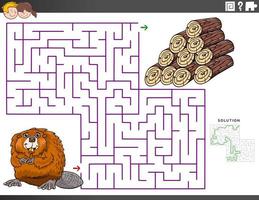 Maze educational game with beaver and wood logs vector