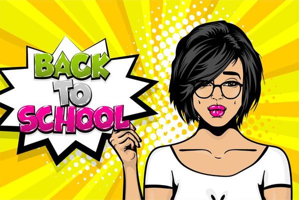 Back to school girl pop art comic text