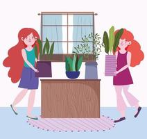 Young women with potted plants vector