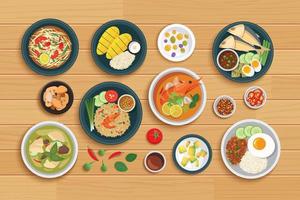 Thai food and ingredient on wooden background vector