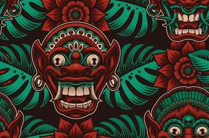 Traditional Indonesian masks, tropical plants and flowers pattern vector