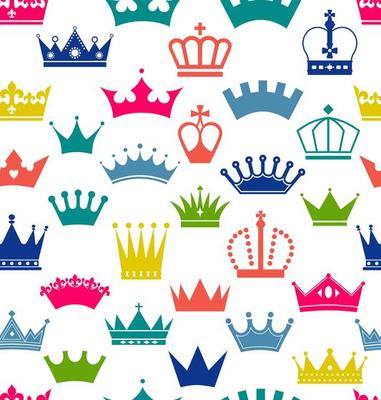 Retro seamless pattern of colorful crowns on white