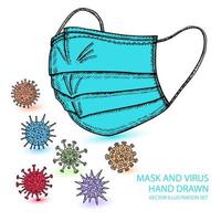 Breathing medical respiratory mask and virus sketch set vector