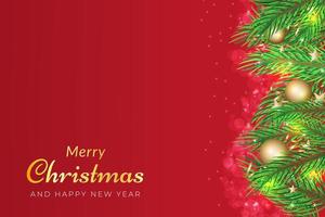 Christmas background with tree branches and golden ornaments