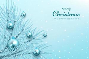 Christmas celebration background with blue tree branches and ornaments vector