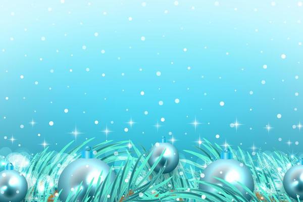 Winter celebration background with snow, branches, and blue ornaments