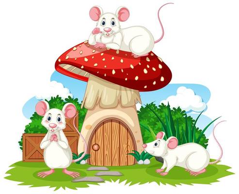 Mushroom house with three mouses