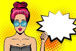 Pink hair pop art woman with speech bubble vector