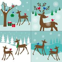 Winter deer and birds landscape set vector