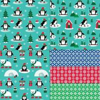 Penguin, polar bear, and snowflake patterns vector