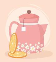 Pink tea kettle with orange slices vector