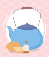 Blue kettle with lemon and tea bag vector