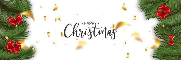 Pine tree and bow borders with Happy Christmas text vector