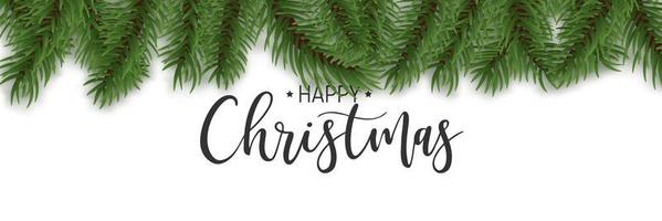 Realistic pine tree border and Happy Christmas text vector