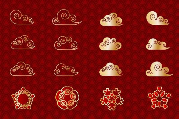 Asian red and gold cloud and geometric flower set