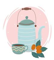 Blue kettle and cup with coffee fruits vector