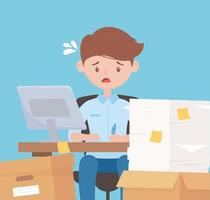 Stressed employee working with a pile of papers vector