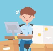 Stressed employee working with a pile of papers vector