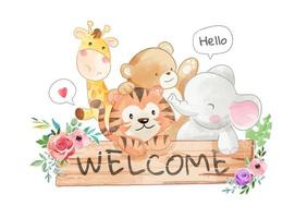Cute  Animal Friends and Wood Welcome Sign vector