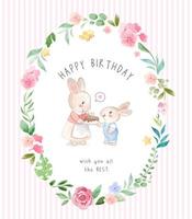 Rabbit Mother and Son in Flowers Frame Birthday Card vector