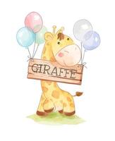 Cute Cartoon Giraffe with Balloons and Wood Sign vector