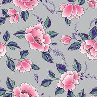 Pink flower with green and purple leaves seamless pattern vector