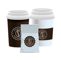 White cups of coffee and packing bag products vector