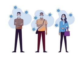 Young interracial people wearing medical masks characters vector