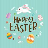 Rabbit and decorated eggs around Happy Easter text vector