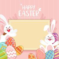 Happy Easter blank sign with rabbits and decorated eggs vector