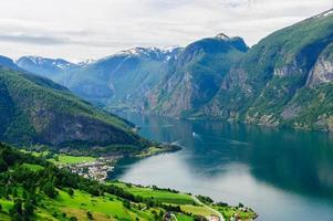 Summer view at Aurland town on the shore of Aurlandsfjord