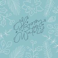 Happy Winter calligraphy with line style foliage vector