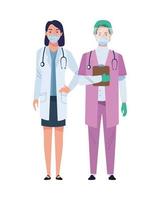 Female doctor and surgeon wearing medical masks vector