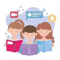 Young people with books, and video icons vector