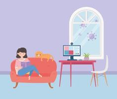 Young woman on the sofa with cat vector