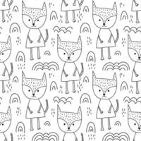 Seamless hand drawn line style fox and rainbows pattern vector