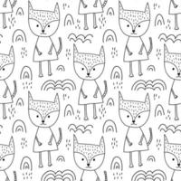 Seamless hand drawn line style fox and rainbows pattern vector