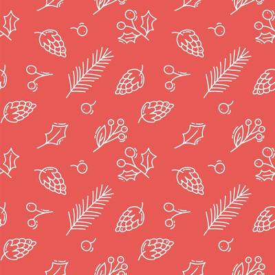 Christmas cones, branches and berries monoline seamless pattern