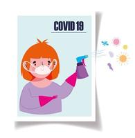 Girl with disinfectant spray against coronavirus vector