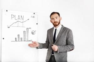 Man dressed in office suit discusses graph on a white board photo