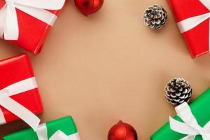 Top view of kraft paper with Christmas decor photo