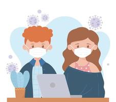 Young people with face masks using a laptop vector